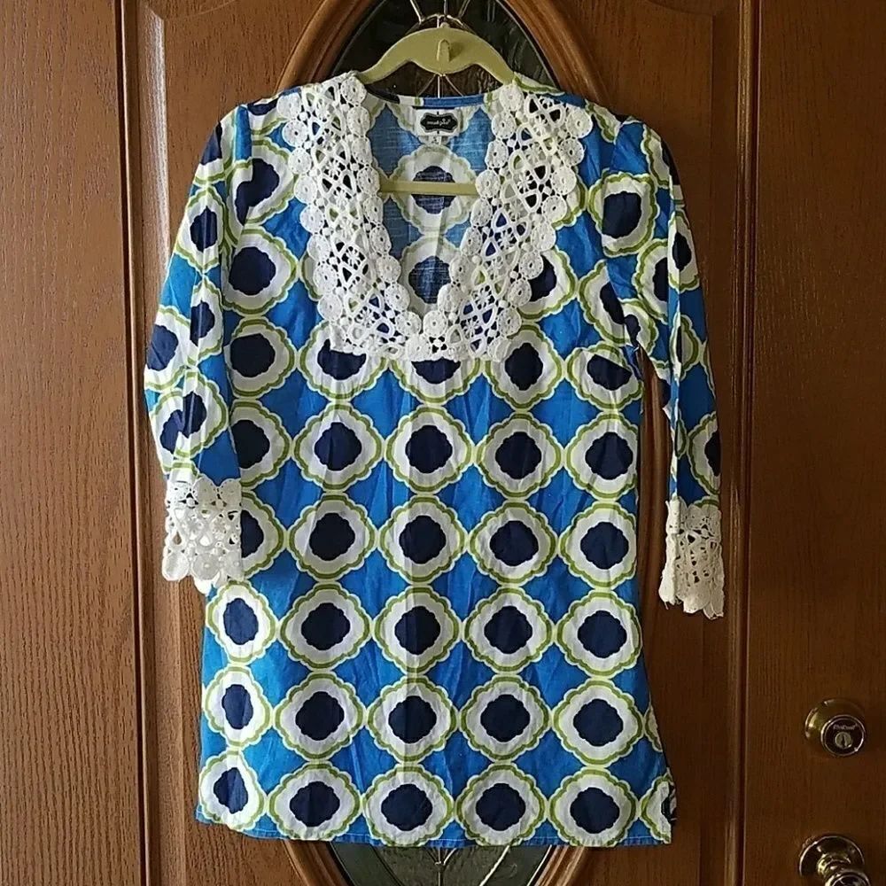Mud Pie Tunic Blue white lace 3/4 sleeves Sz. S
